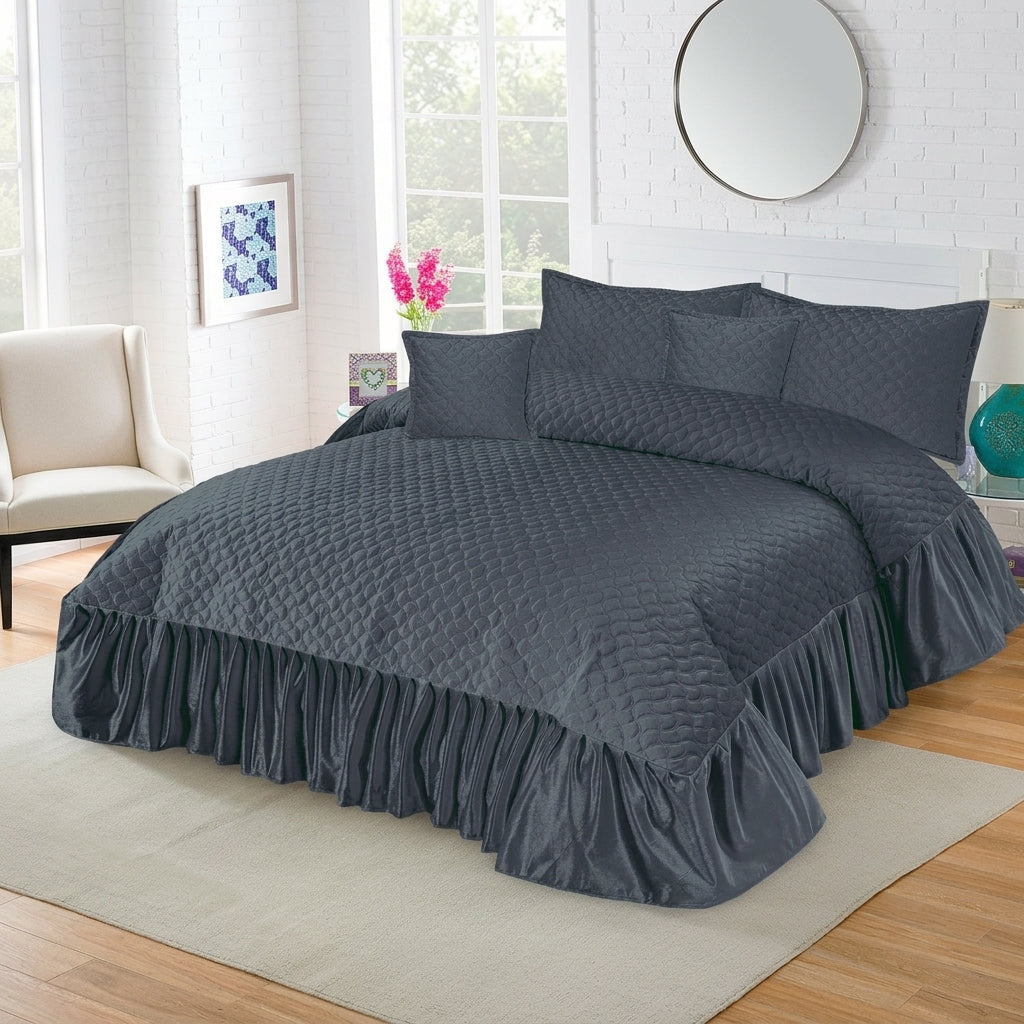 Frivvo Bridal Imported Velvet Frill Bed Sheet Set - 5pcs - Grey - FVB05